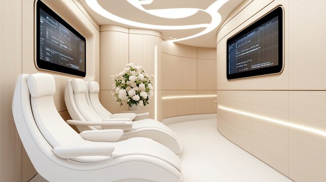 A modern, minimalistic room featuring white chairs, screens, and a floral arrangement, designed for relaxation or consultation.