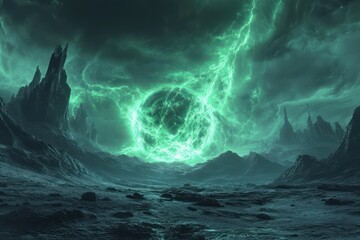 An electric-green plasma storm crackling over an alien planeta??s dark, rocky surface