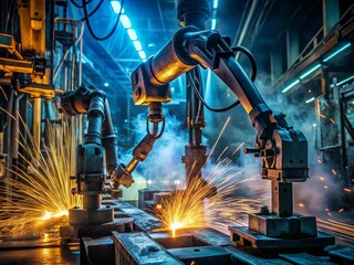 Industrial Robot Welding at Night: Precision Metalwork in Factory Setting