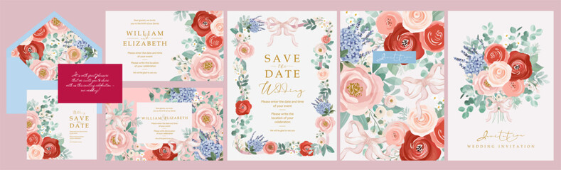 Wedding invitation. Save the date. Vector watercolor pastel floral illustrations of flowers, eucalyptus twig, peony, rose, bow, hydrangea, bouquet, frame, pattern for greeting card or envelope 