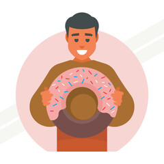 A man holding a glazed donut representing indulgence and treat