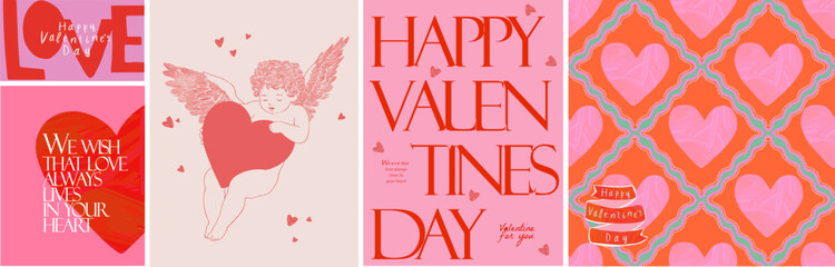 Happy Valentine's Day. Vector trendy cute illustrations of cupid, cupid, heart, love, text, congratulation, modern seamless pattern for greeting card, flyer, poster or background