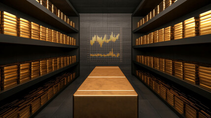 Sophisticated Financial Planning Room with Shelves Filled with Gold Bars and Graphs
