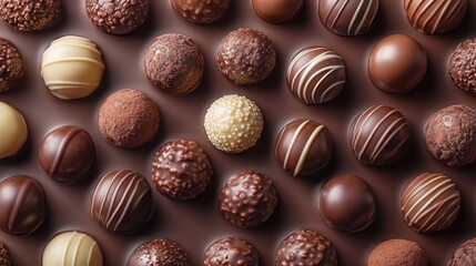 Assorted chocolate truffles on cocoa surface for gourmet dessert inspiration