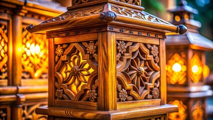 Intricate Wooden Lantern Details: Macro Photography of Carved Wood