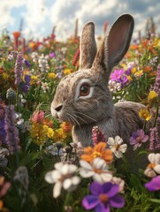 Fototapeta premium easter bunny in a field of flowers, Generative AI