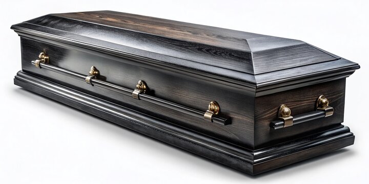Isolated Black Wooden Coffin, Panoramic View, Funeral, Burial, Mortuary