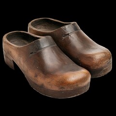 Two old wooden clogs with a brown color. transparent background