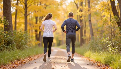 Active Individuals Jogging on Autumn Trail Surrounded by Trees