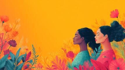 Two women in peaceful reflection, surrounded by vibrant abstract floral elements, showcasing unity and calm with a yellow background