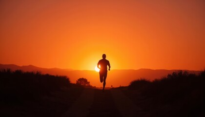 Silhouette of a Runner Jogging Against a Vibrant Sunset Background
