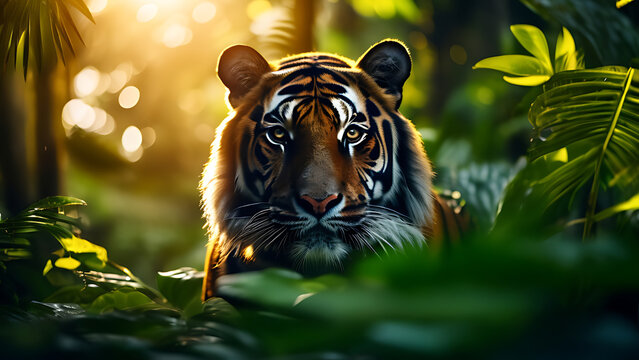 Close-Up of a Balinese Tiger in Its Natural Habitat, Lush Greenery, Dense Forest, Sunlight Filtering Through Leaves, Vibrant Flora, Serene Environment, Majestic Presence, Wild Beauty