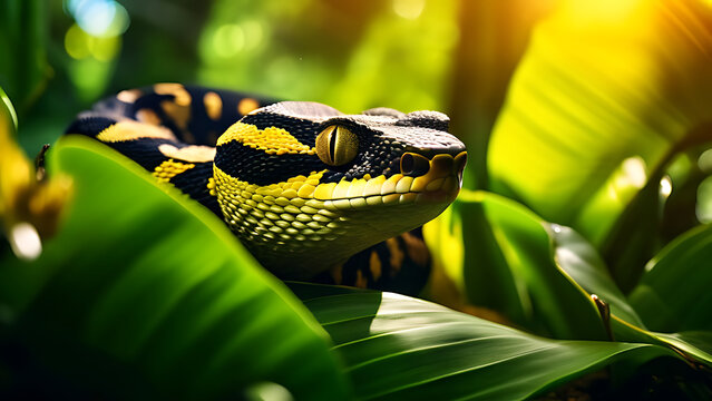 Close-Up of a Banana Ball Python in Its Natural Habitat, Vibrant Yellow and Black Scales, Lush Green Foliage, Sunlight Filtering Through Leaves, Serene Jungle Environment