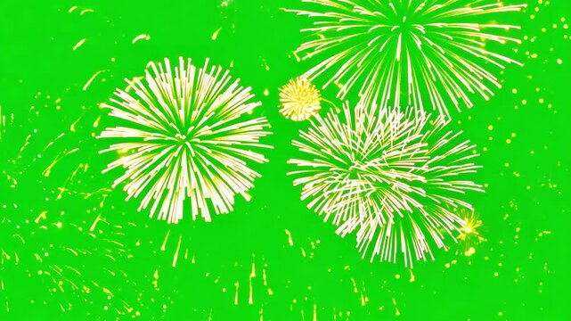 Fireworks on green screen background. Vibrant Colorful holiday firecracker animated on green backdrop. Firework animation. Frame Template. Chroma key. Motion graphics. Creative video clip for overlay