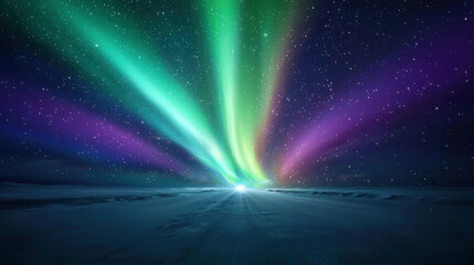 Surreal Aurora Over Snowy Landscape With Intertwining Beams of Colorful Light at Night