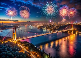 Fototapeta premium Istanbul Bosphorus Bridge Fireworks Night Drone Shot - Spectacular Aerial View