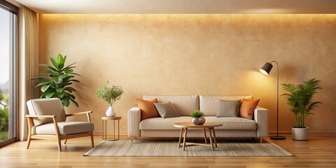 Japandi Minimalist Living Room: Beige Stucco Wall, Sofa, Armchair