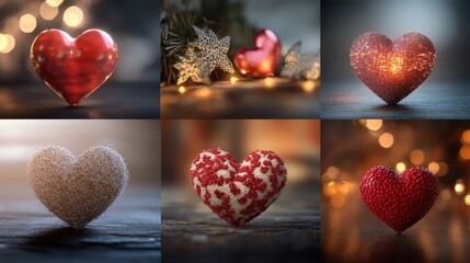 Collage of artistic heart shapes and textures for romantic and festive design