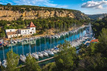 Calanques de Port Miou bay and moored boats, Cassis, France