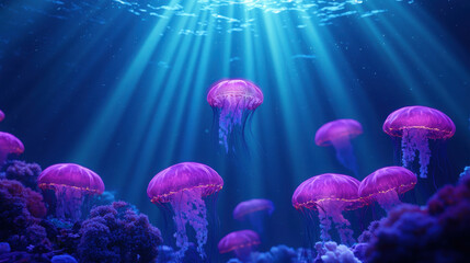 Surreal Underwater City Encased in Glowing Coral and Surrounded by Ethereal Jellyfish