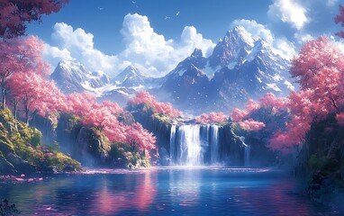 Pink Blossom Waterfall Lake Serenity