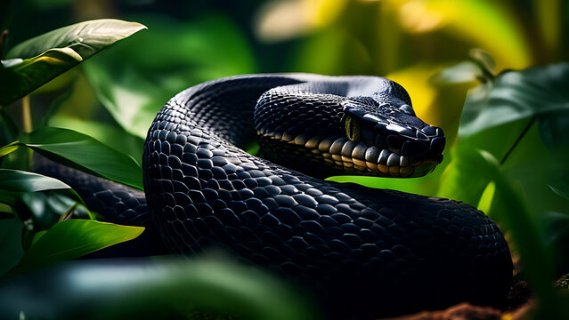 Close-up of a Black-headed Python in its natural habitat, showcasing the intricate patterns of its scales, surrounded by lush foliage and earthy textures, highlighting its unique environment.