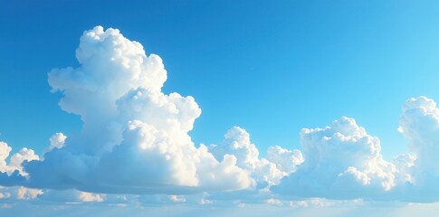Fluffy white cumulus clouds drift against a vibrant blue sky , clean, overhead