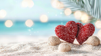 Fototapeta premium Romantic Beach Scene With Sparkling Hearts And Seashells