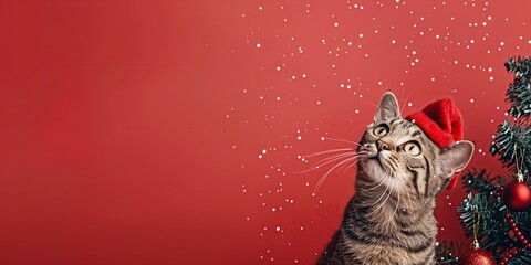 An extreme close-up a red Santa hat-wearing cat beneath a decorated Christmas tree with a large text area for backdrop or literary use, Generative AI.