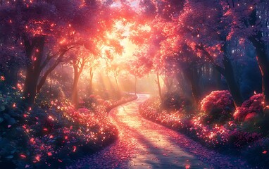 Fototapeta premium Pink Blossom Path in Dreamy Woods