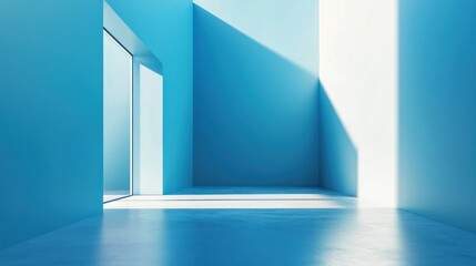 Sunlight streams into a minimalist blue room with a glass door.