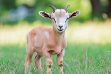 Obraz premium Playful baby goat explores a green meadow under the warm afternoon sun