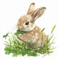 Fototapeta premium Adorable fluffy rabbit holding a four-leaf clover in lush green grass, symbolizing good luck and nature's beauty