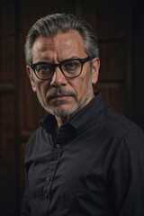 Obraz premium A man in a classic black shirt and modern rimless glasses