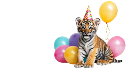 Tiger cub wearing a party hat surrounded by colorful balloons in a playful setting