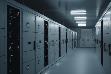 Modern industrial server room with rows of electrical cabinets under fluorescent lighting in a secure facility