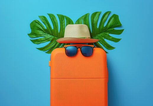 Fondo azul  con hojas de palmera, una maleta retro rigida naranja, gafas de sol y sombrero de rafia beige. Concepto fondos de verano, viajes, relax, playa