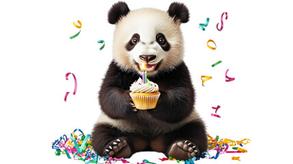 Panda sitting and eating a cupcake surrounded by colorful confetti on a white background