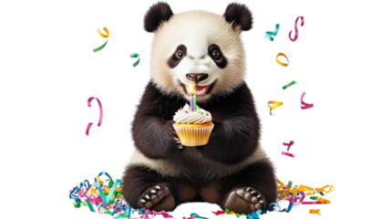 Panda sitting and eating a cupcake surrounded by colorful confetti on a white background