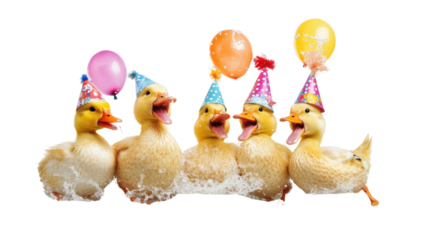 Group of ducks wearing party hats and surrounded by colorful balloons in a festive outdoor setting