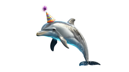 Dolphin wearing colorful party hat celebrating at the ocean surface with bright blue water background