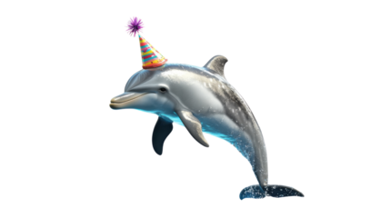 Dolphin wearing colorful party hat celebrating at the ocean surface with bright blue water background