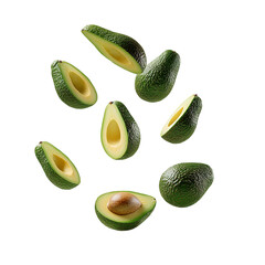 Fresh avocado slices falling, flying, and levitating in mid-air, isolated on transparent background. Generative AI