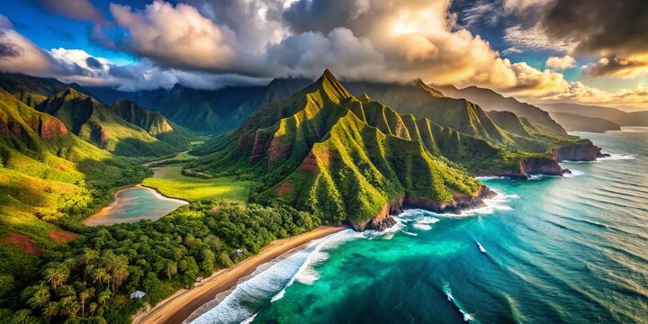 Kauai Na Pali Coast Aerial Double Exposure: Secluded Beaches & Majestic Mountains