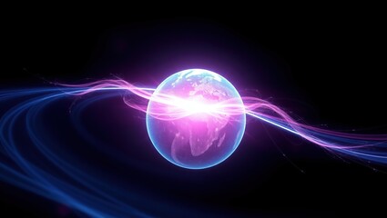 Fototapeta premium Glowing blue and pink digital earth orb, radiating a mesmerizing aura, surrounded by vibrant, swirling light trails that emanate from its core, with delicate, feathery tendrils stretching outward.