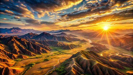 Kazakhstan Dawn: Majestic Mountain Sunrise Aerial View