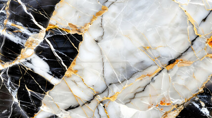 Obraz premium A close-up view of a marble surface featuring black, white, and gold veins.