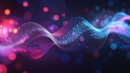 Creative digital wave with interface on blurry night city background. Technology, future and protection concept. Double exposure