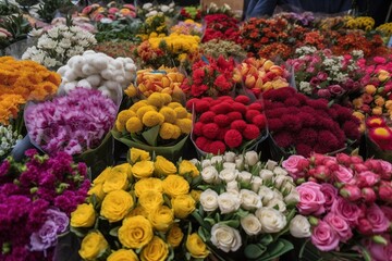 Colorful assortment of fresh flowers arranged in bouquets at a vibrant outdoor market