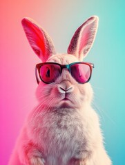 Cool bunny with sunglasses on colorful background. Generative Ai